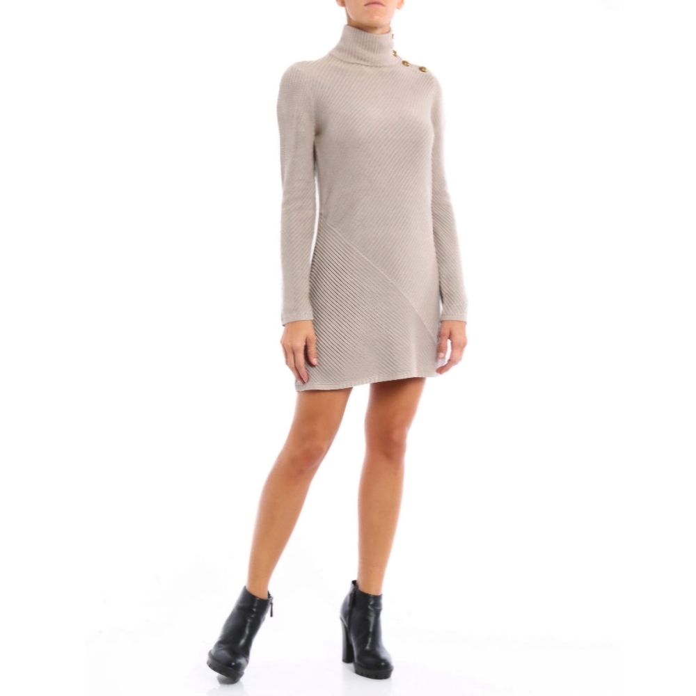 Tory Burch Brodie Tunic Mini Dress Sweater Turtleneck Beige Knit Gold Buttons S